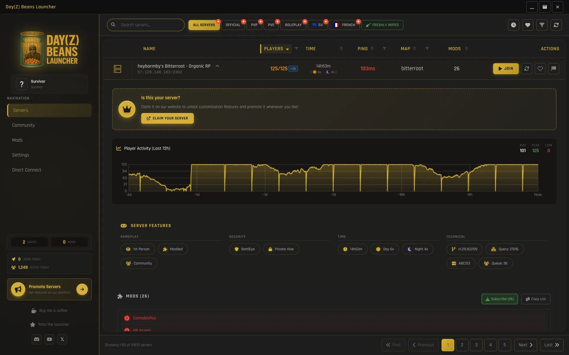 Server detail in the launcher: the Join button above 72 hours of player activity